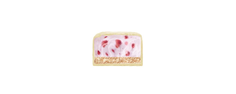 Querschnitt eines Protein-Eisriegels mit einer Amarena Füllung. Der Riegel zeigt eine cremige, proteinreiche Füllung mit roten Fruchtstücken und einer knackigen Basis, umhüllt von einer Yogurt Schicht. Geeignet für eine zuckerarme und proteinreiche Ernährung