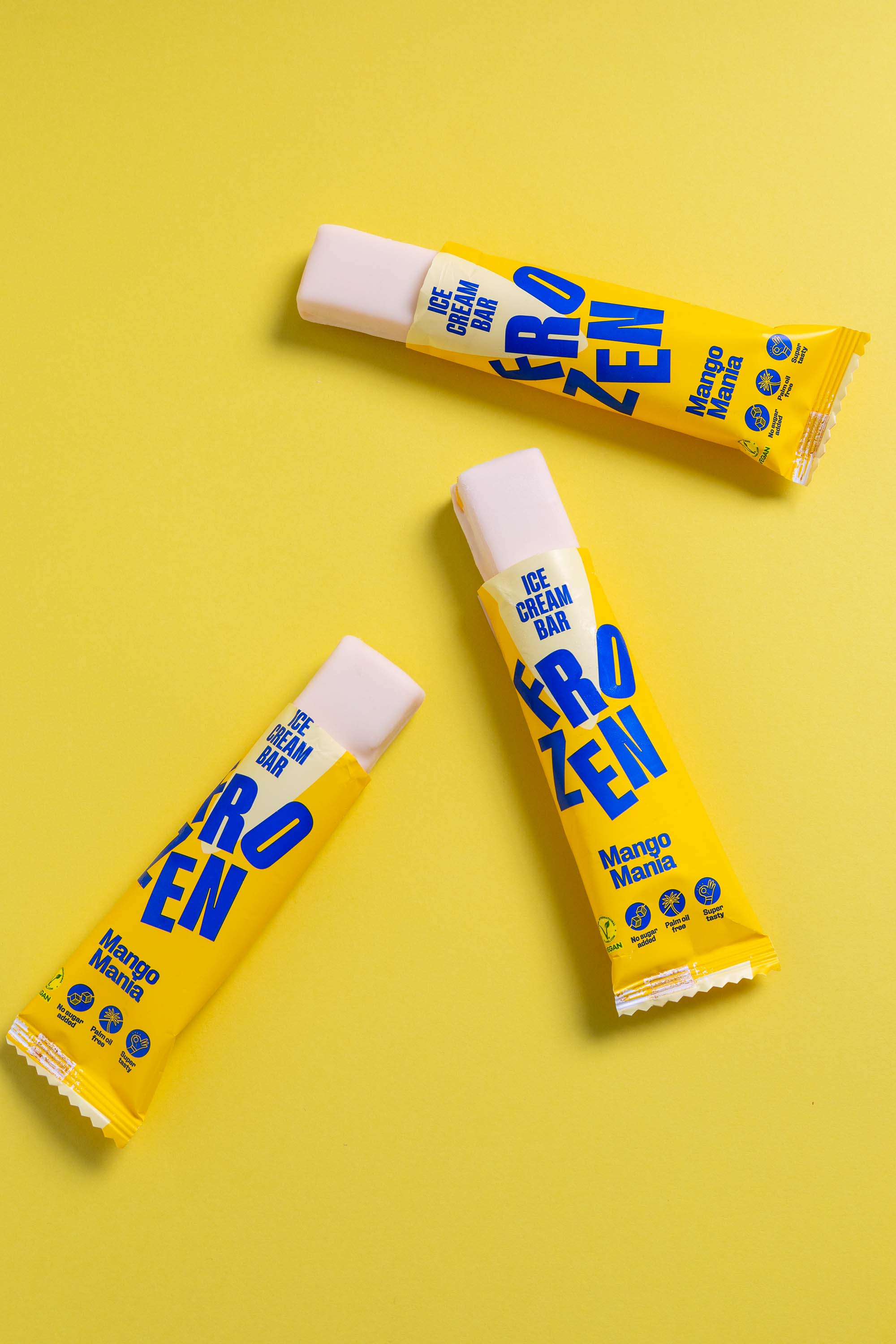 Mehrere Frozen Power Mango Mania Protein Eis-Riegel, vegan, ohne Zuckerzusatz und palmölfrei, ideal für eine gesunde und pflanzliche Ernährung