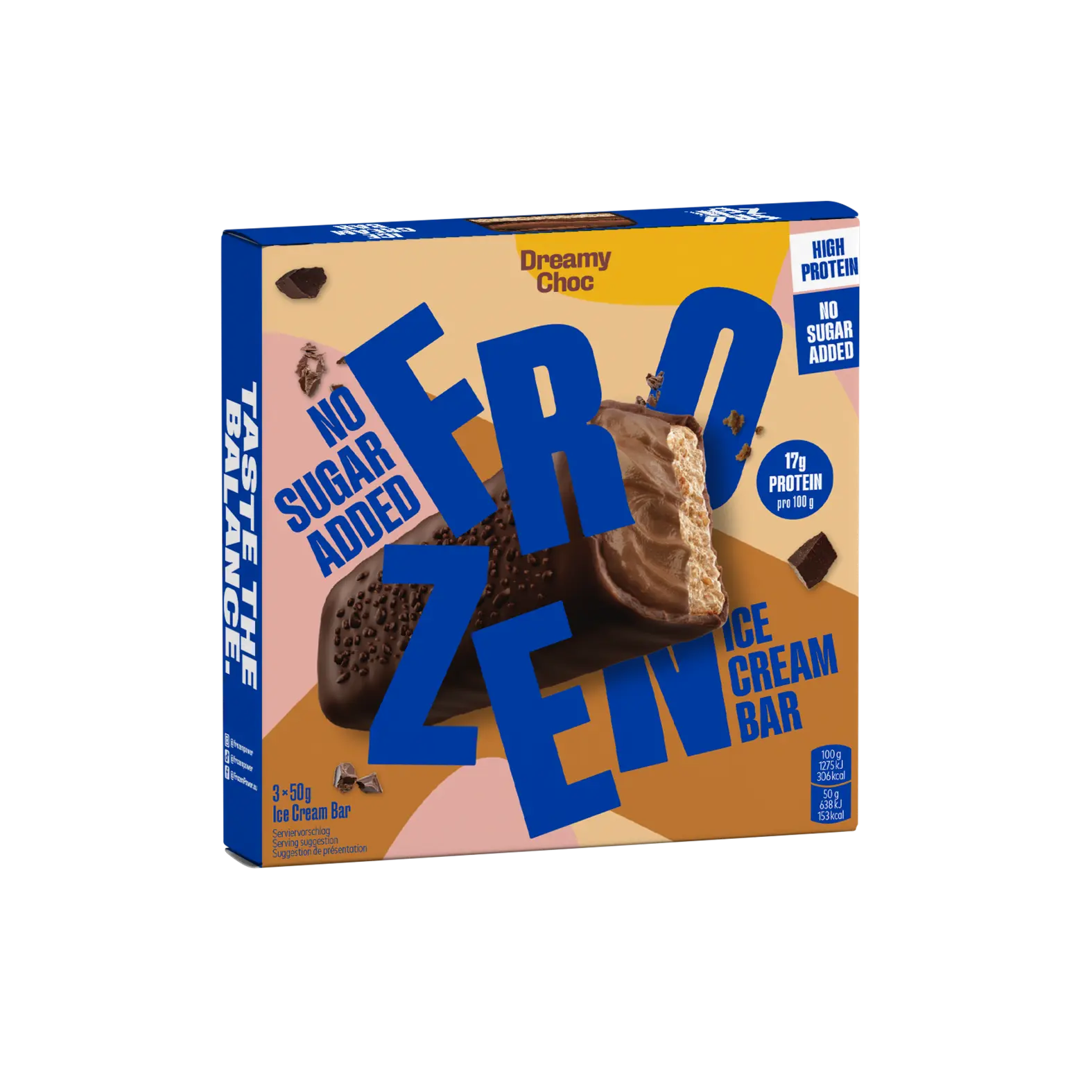 Verpackung des Frozen Power Dreamy Choc Protein Eis-Riegels, ohne Zuckerzusatz und mit 17 g Protein pro 100 g, perfekter gesunder Snack