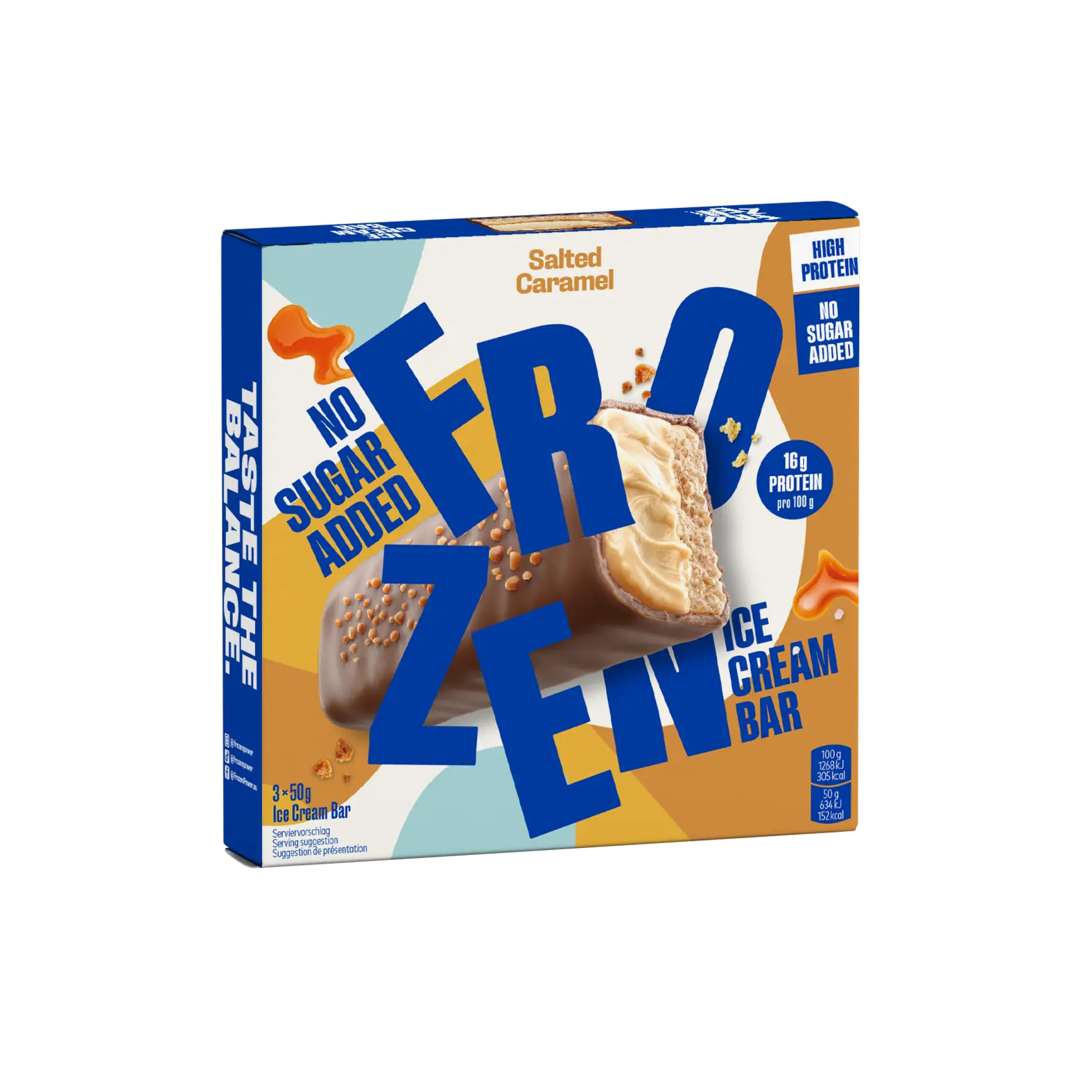 Verpackung des Frozen Power Salted Caramel Eis-Riegels, High-Protein und ohne Zuckerzusatz, ideal als Low-Carb Snack für Fitness-Enthusiasten