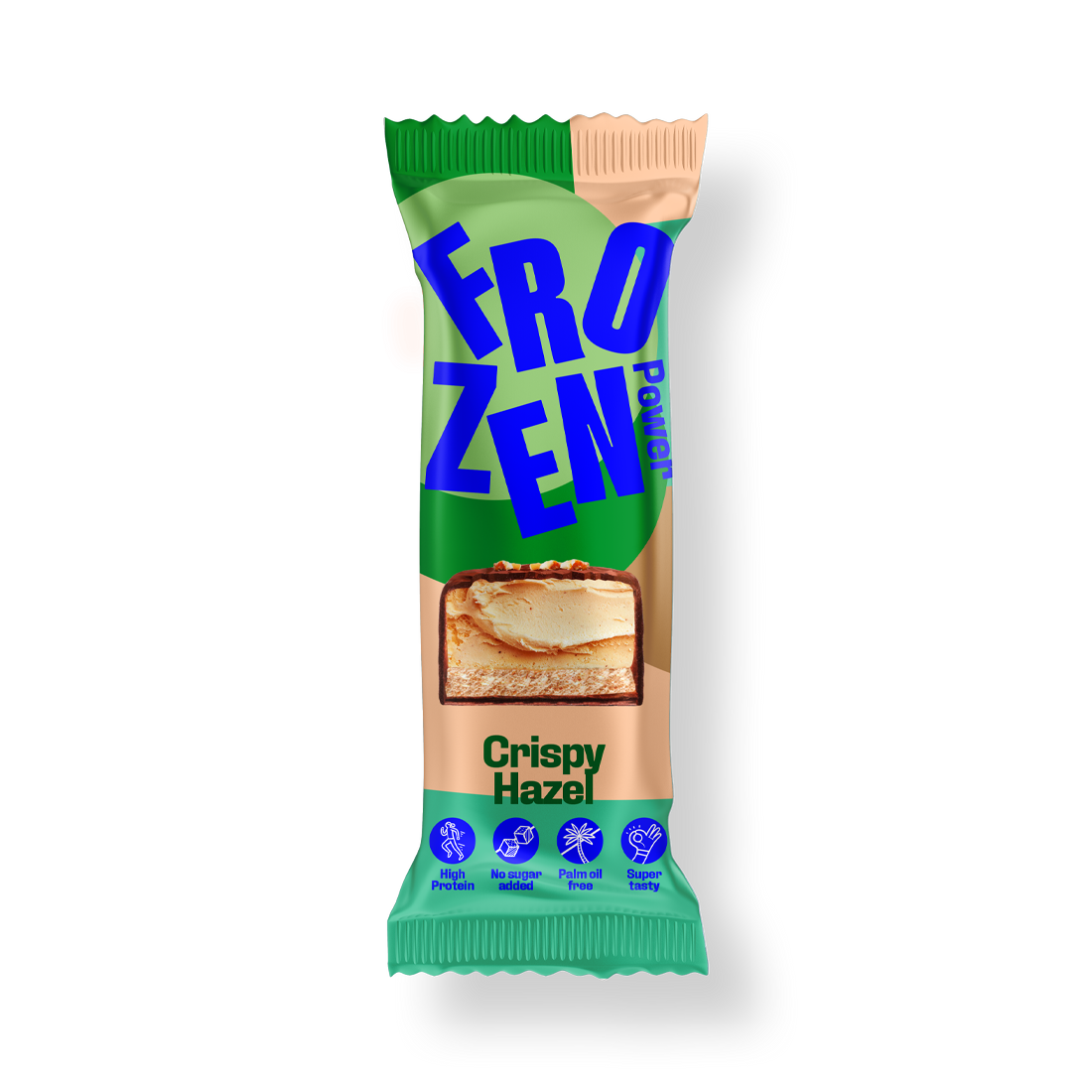 Ein Frozen Power Protein Eis-Riegel in der Sorte Crispy Hazel. Leckerer Snack ohne Zuckerzusatz und hohem Proteingehalt.