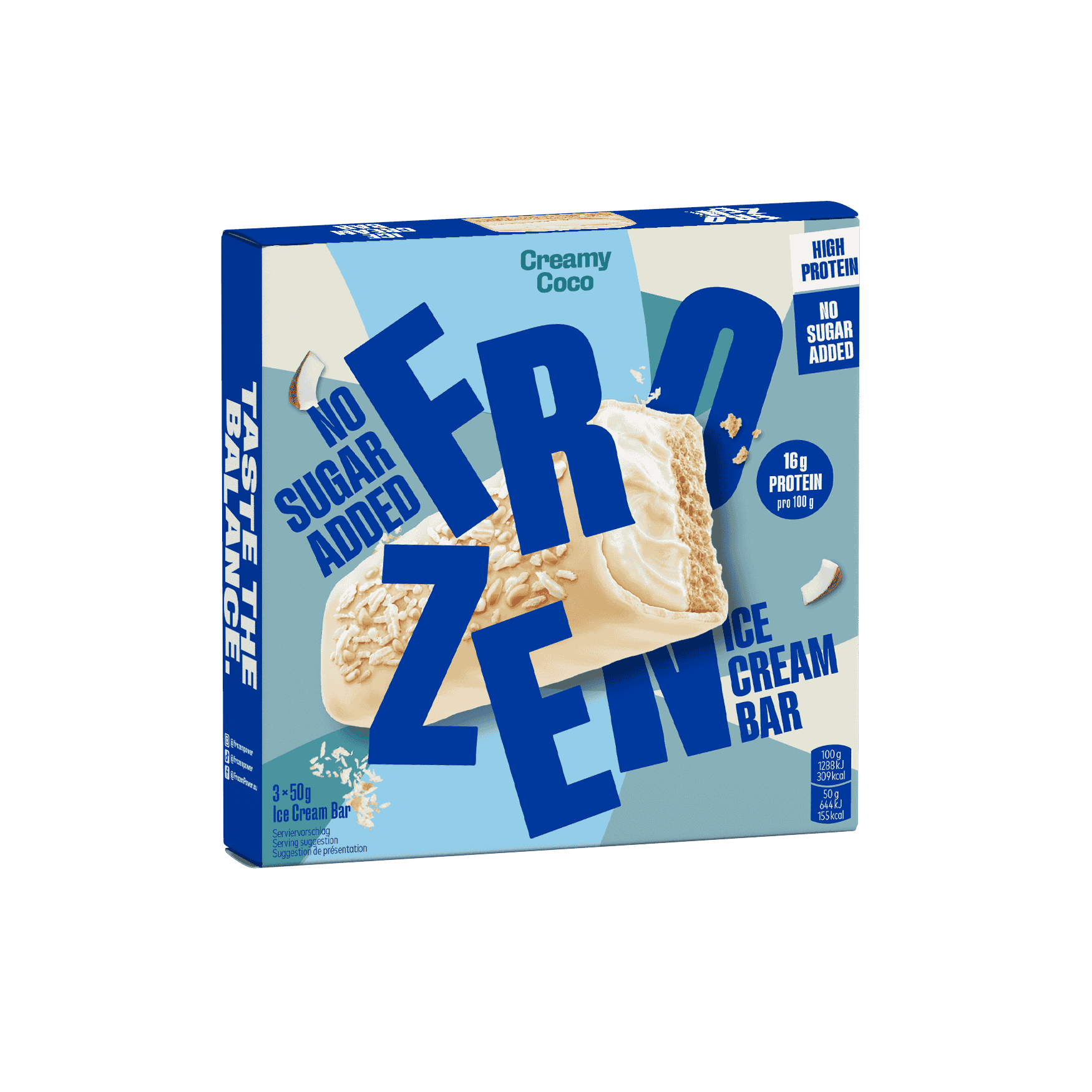 Verpackung des Frozen Power Protein Eis-Riegel Creamy Coco, ohne Zuckerzusatz und mit 16 g Protein pro 100 g, ideal für eine gesunde, zuckerfreie Ernährung.