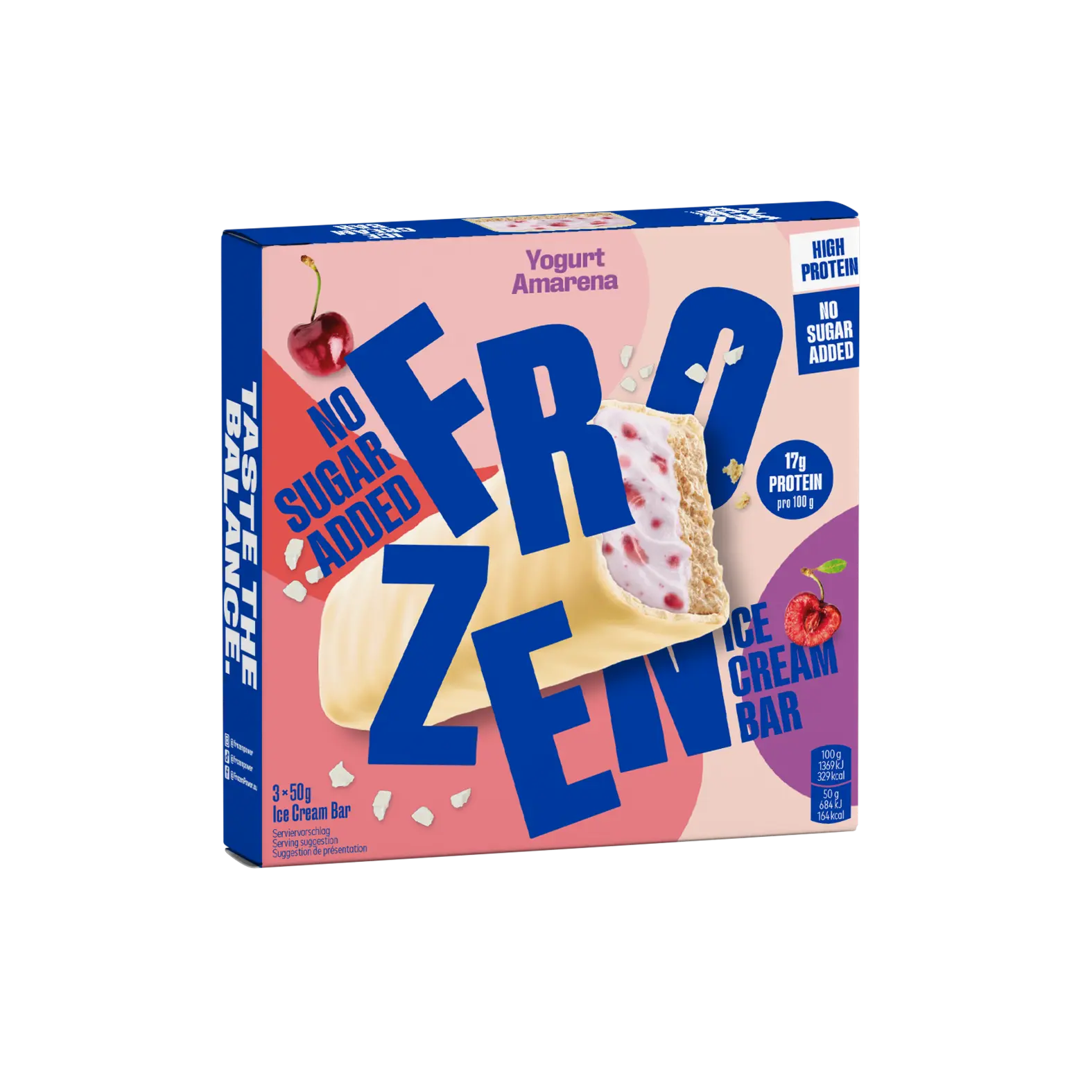VerpackungYogurt Amarena Protein Eis-Riegels, ohne Zuckerzusatz, ideal für eine gesunde und proteinreiche Ernährung