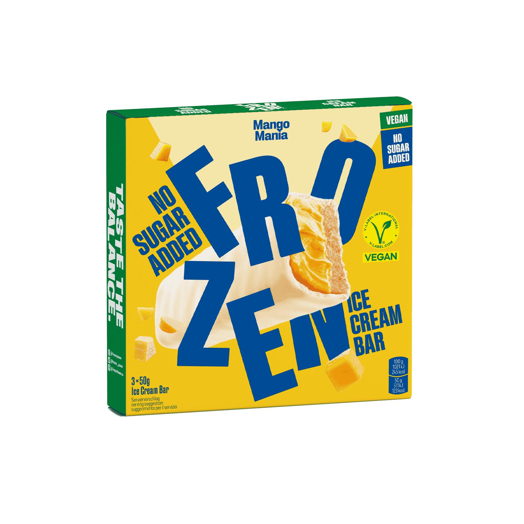 Verpackung des Frozen Power Mango Mania veganen Protein Eis-Riegels, ohne Zuckerzusatz, ideal für eine gesunde und vegane Ernährung.