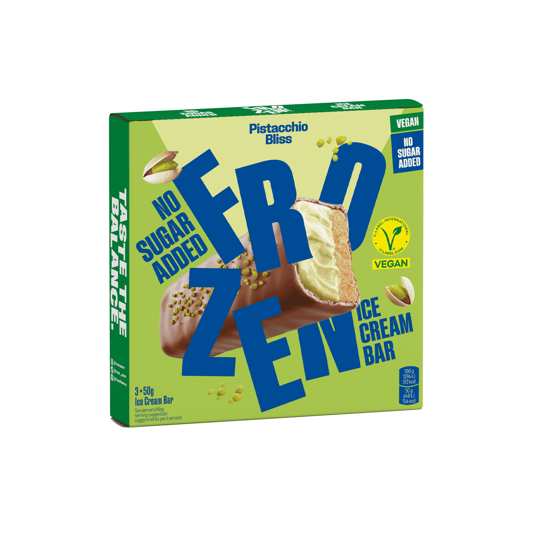 Verpackung des Frozen Power Pistachio Bliss Eis-Riegels, vegan und ohne Zuckerzusatz, perfekt für eine kalorienbewusste und pflanzliche Ernährung.