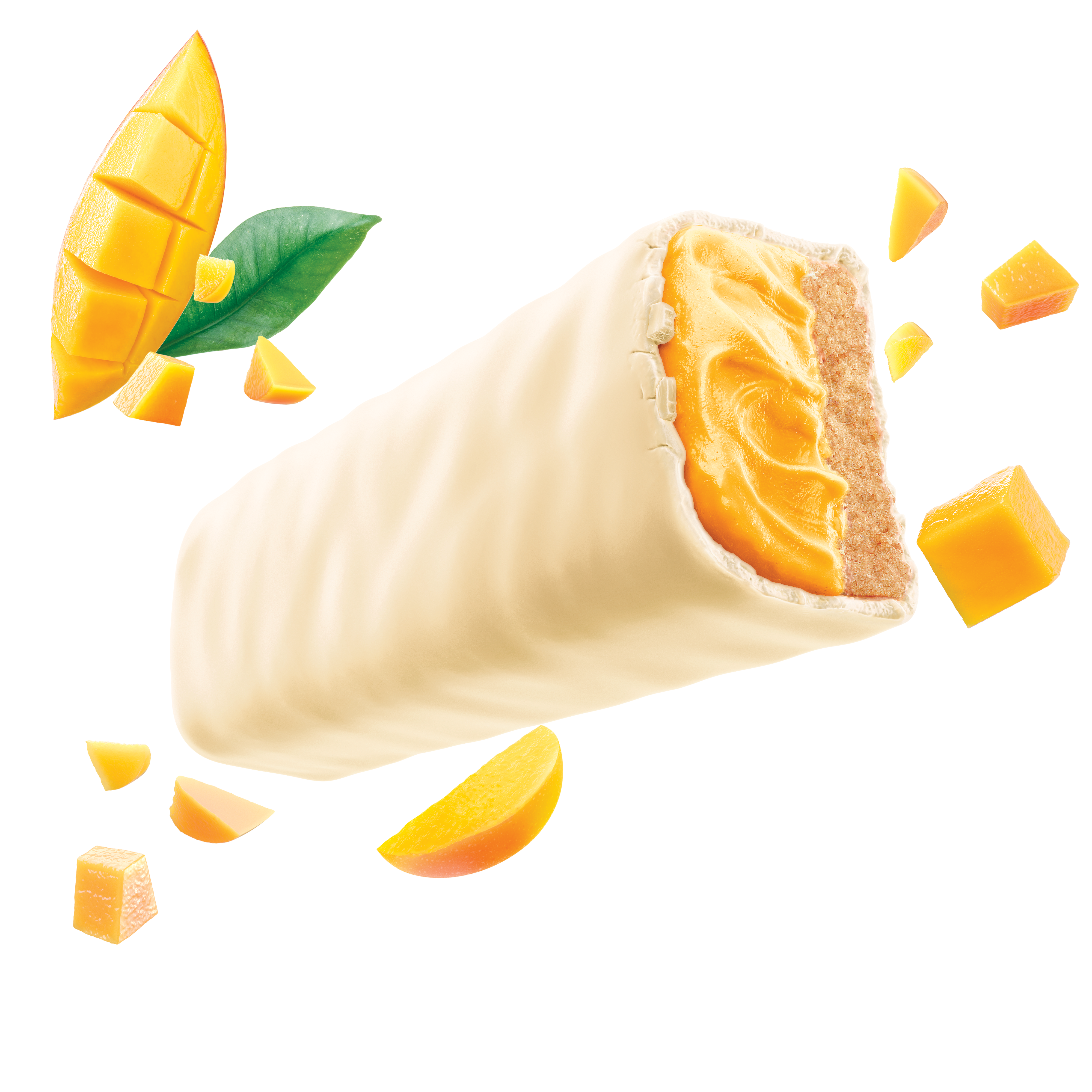 Ein zuckerfreier, veganer Eis-riegel mit einer weißen Schokoladenhülle und einer cremigen Mango-Füllung. Um den Riegel herum sind frische Mangostücke zu sehen. Ideal für eine kalorienbewusste Ernährung, bietet dieser Riegel einen exotischen Fruchtgeschmack und eine vegane Snackoption.